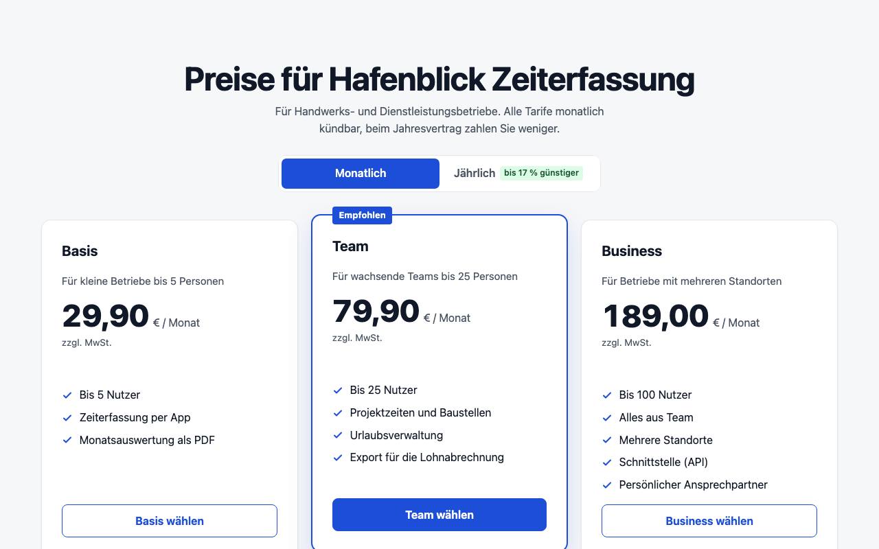 Beispielergebnis: Preistabelle mit Monats- und Jahrespreis